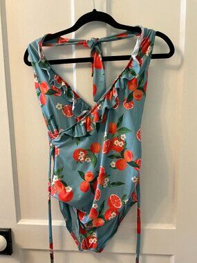 Modcloth Ruffle Citrus Orange Print One Piece Swimsuit